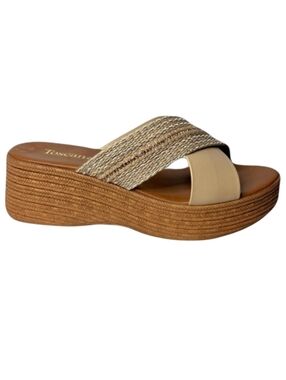 Toscanella Beige Woven and Gold Wedge Sandals